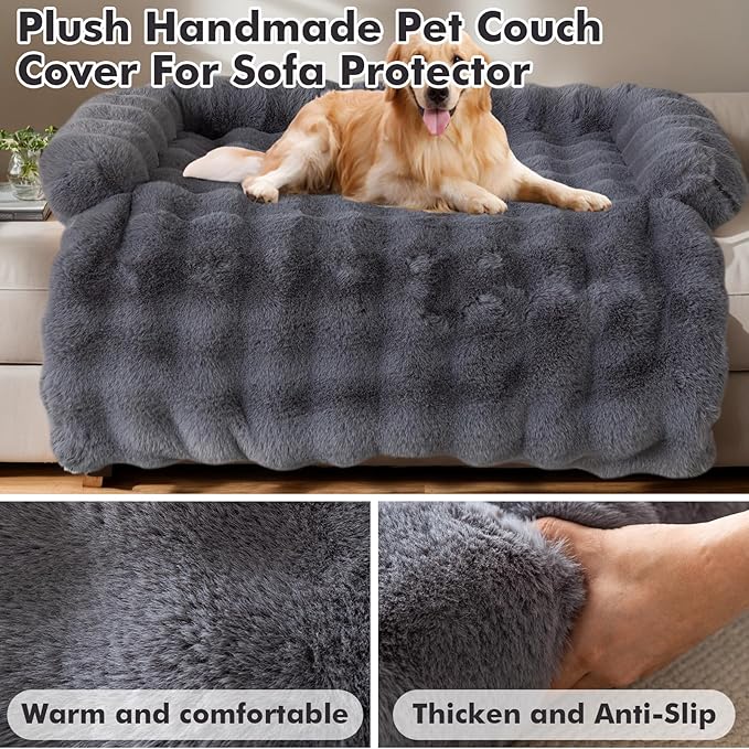 LiveGo Fuzzy Calming Dog Sofa Bed Mat, Washable Plush Couch Cover for Pets, Furniture Protector with Anti-Slip Bottom (Gray, 35.4"*35.4")