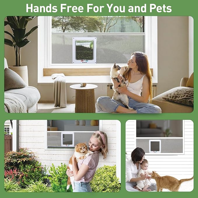 Cat Door for Window, Safety Cat Window with 4 Locking Modes, Fits 12" - 36" Window, Pet Friendly Window Cat Door Insert, Ease of Installation, Magnetic Closure, Weatherproof Design, Frosted Plexiglass