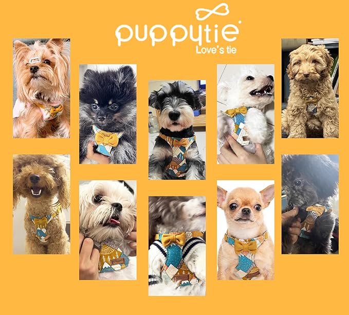Puppytie No Pull xs Dog Harness with Multifunction Dog Leash,Soft Adjustable No Choke Escape Proof Pet Harness Vest,Suede Bow Yellow,XXS