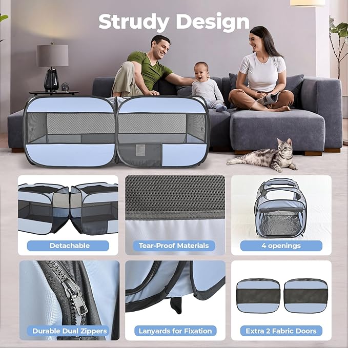 2-in-1 Pop Up Puppy Playpen, Detachable into 2 Separate Pens with Additional Doors, Assembly-Free Portable Cat Dog Crates Pet Pen Tent Kennel Kitten Enclosure Cage Indoor Outdoor Foldable Condo(L)