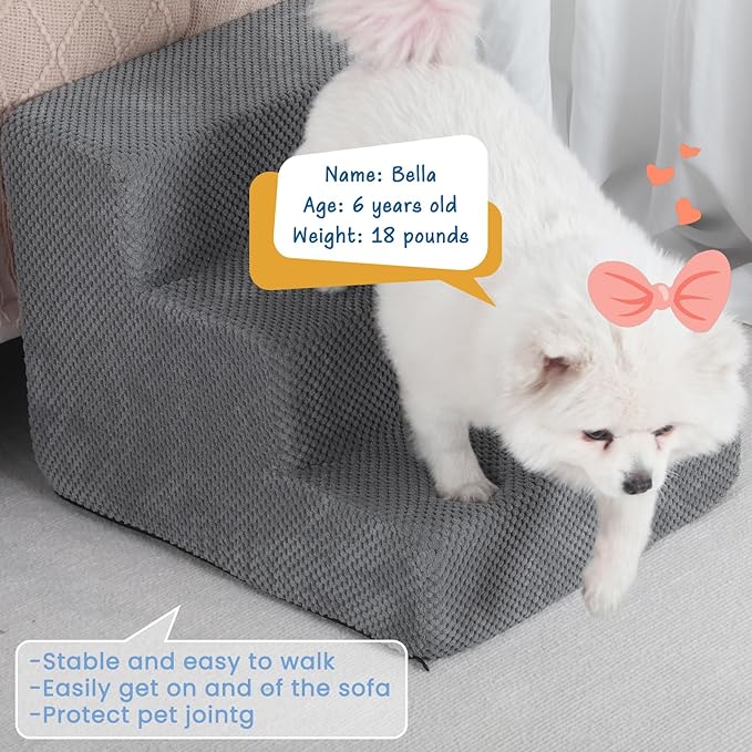 Dog Stairs for Small Dogs, 3-Step Non-Slip Pet Stairs for Couch Sofa and Chair, Dog Bed Stairs for Puppy, Older Cat,Grey,13.6" H