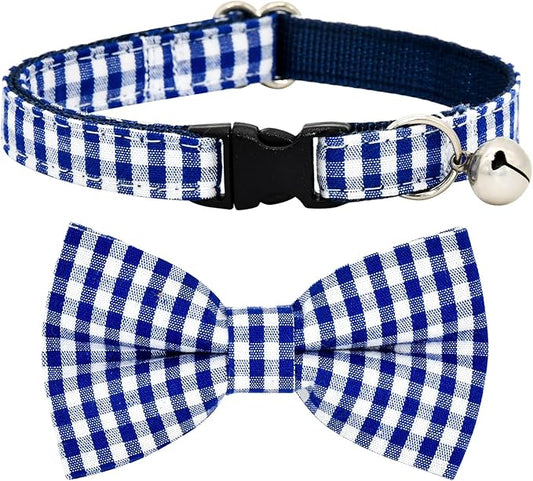 Blue Bufflo Plaid Cat Collar Bow Set, Wedding/Birthday Bowtie, Breakaway Collar for Kitten