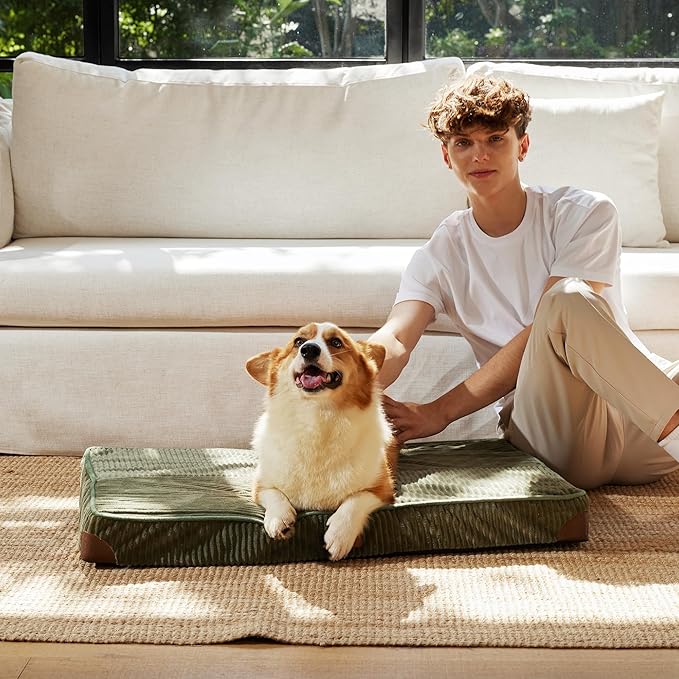 FUKUMARU Dog Bed, Plush Corduroy Orthopedic Dog Beds with Washable Cover, Large Waterproof Dogs Bed for Crate, Egg Crate Foam Support Pet Mat, Cozy Pet Bed Mat with Anti-Slip Bottom, Green