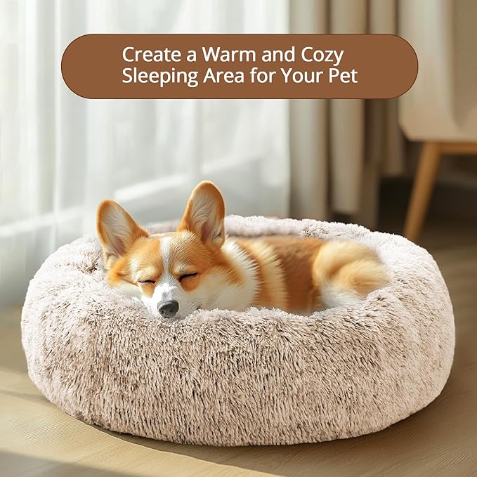JOLLYVOGUE Small Dog & Cat Beds for Indoor Cats, Donut Cuddler Warming Soft Dog Beds with Anti-Slip Bottom, Round Calming Fluffy Plush Faux Fur Cushion Bed for Small Dogs (23")