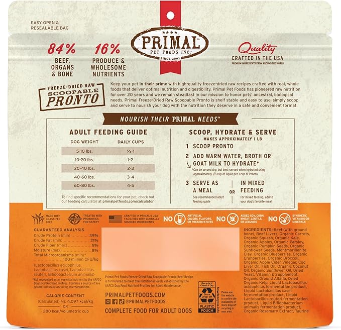 Primal Freeze Dried Dog Food, Pronto Mini Nuggets, Beef; Scoop & Serve, Complete & Balanced Meal; Also Use as Topper or Treat; Premium, Healthy, Grain Free High Protein Raw Dog Food (16 oz, 2-Pack)