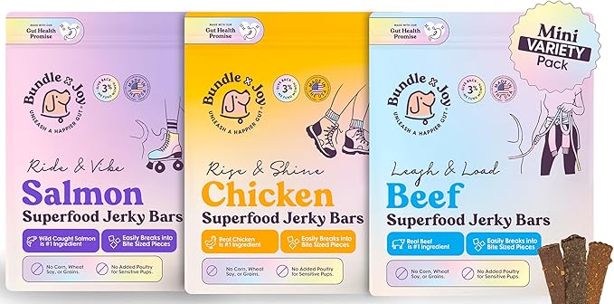 Bundle x Joy Dog Treats Jerky Snack Bars, Variety 3-5 oz Bags, Training Treats, Natural Superfood Grain Free, Real Salmon, Chicken, Beef, Superfoods, Corn & Soy Free