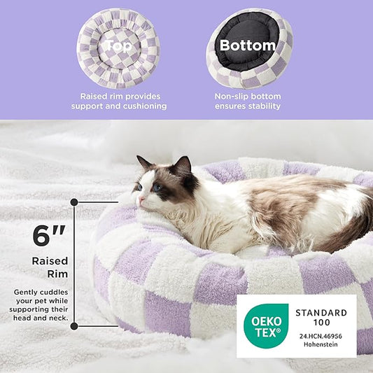 LE SURE Cat Beds for Indoor Cats - Round Cat Bed Donut Small Dog Bed Calming Pet Beds, Cute Modern Beds with Jacquard Shaggy Plush & Anti Slip Bottom, 20 Inch, Purple