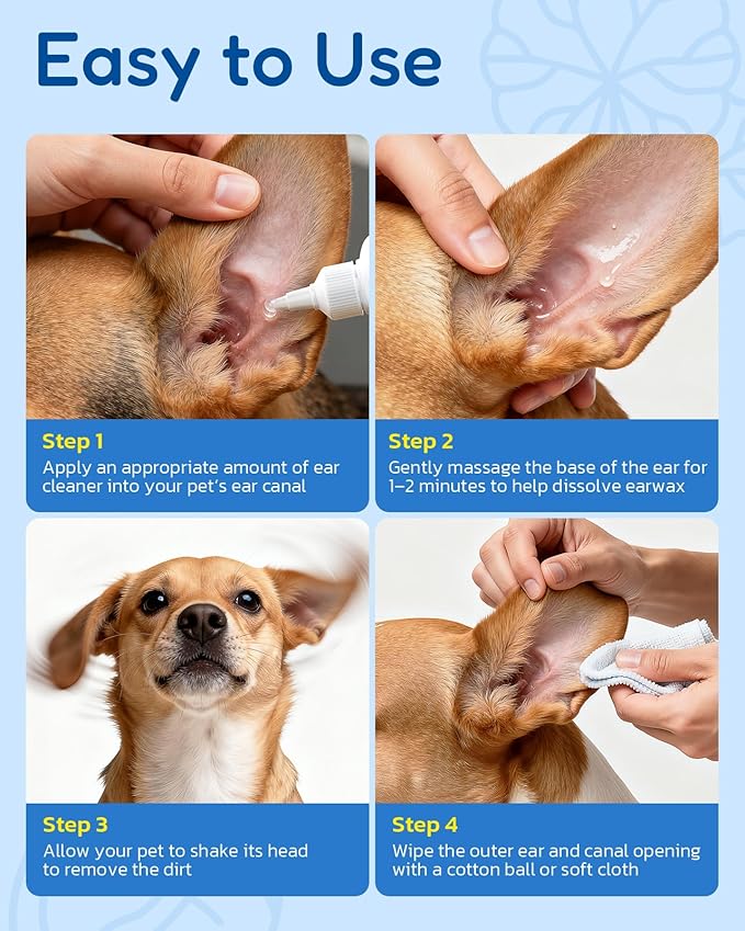Dog Ear Cleaner - Pet Ear Wash, Flush and Drop Cleaner Solution for Cat & Dog Infection and Itch Relief, Gently Removes Debris, Wax Buildup, Odor - 1.69 fl oz