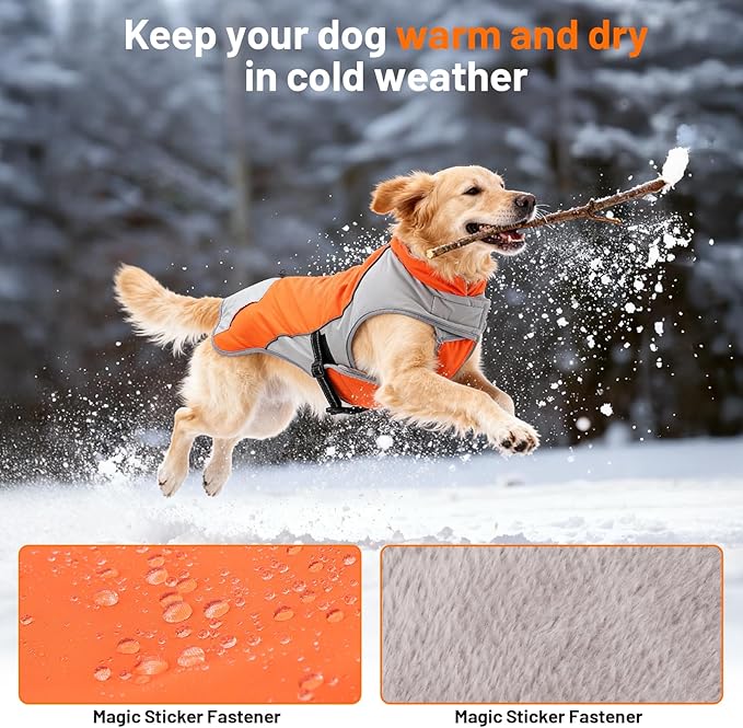 Dog Winter Coat - Waterproof Cold Weather Coat with Thick Padding, Windproof Dog's Snow Jacket with Neck & Tail Drawstrings, Reflective Dog Jacket - Small Pet Coats, Orange & Gray M