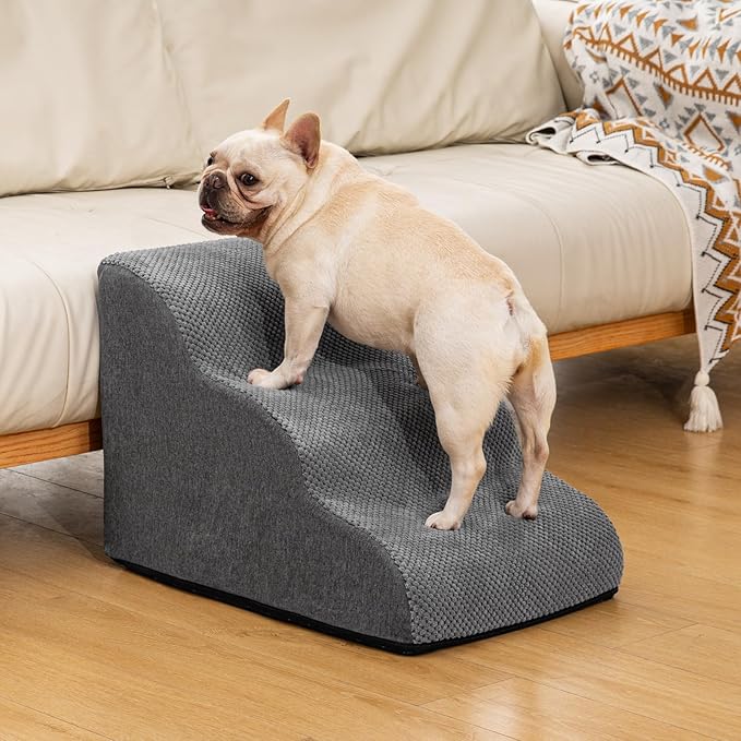 Dog Ramp and Stairs for Small Dogs & Cats,3-Step Pet Stairs for Couch Sofa and Chair,Indoor Anti-Slip Dog Stairs for Old Cats and Puppy,Grey