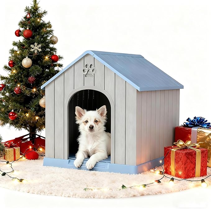 Fancyango Dog House Outdoor Indoor for Medium Large Dogs, Sturdy Plastic Waterproof Doghouse with Air Vents and Elevated Floor, Easy Clean and Assemble (Blue, 26.18''L × 24.02''W × 25.98''H)