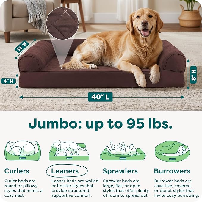 FurHaven Classic Sofa Orthopedic Dog Bed for Large Dogs, with Orthopedic Egg Crate Memory Foam for Joint Support, Removable Washable Cover, Jumbo/XL, Quilted Sofa, Coffee