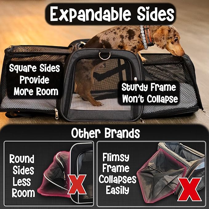 Pet Carrier with Wheels | Delta American Frontier Airline Approved | Two Expandable Sides, Storage Pockets Adjustable Leash | Rolling Dog and Cat Carrier TSA Compliant (Blue 17x12.5x11)