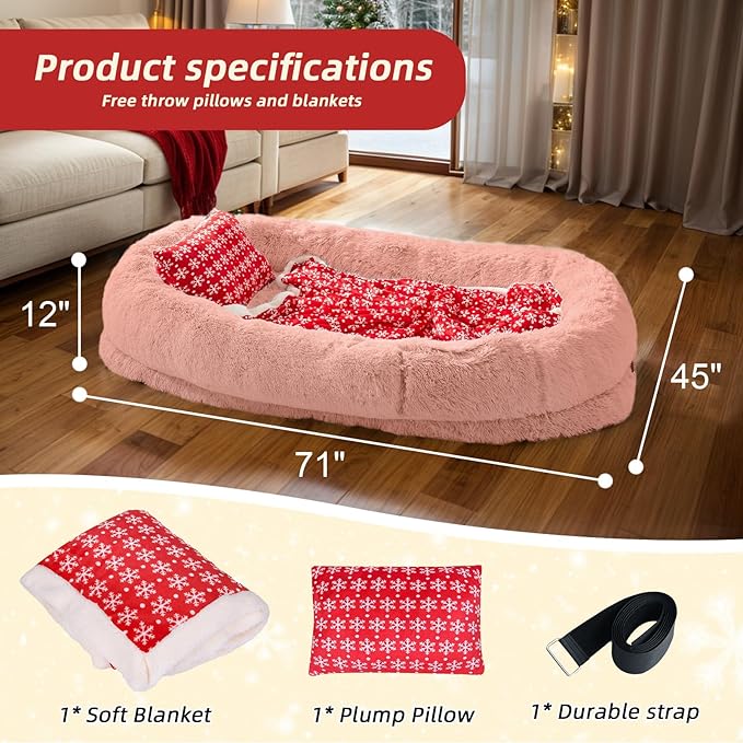 Human & Pets Washable Faux Fur Dog Bed - 71''x45''x12'' Orthopedic, Plump Pillow, Blanket, Strap - Pink