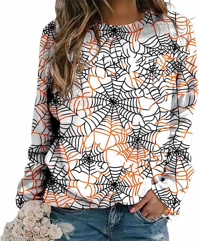 MARSVOVO Fall Sweatshirt for Women Novelty Spider Web Shirt Dressy Casual Crewneck Tunic Tops Spring Graphic Pullover