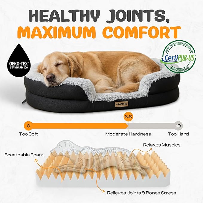Fluffy Orthopedic Dog Bed for Extra Large & Jumbo Dogs, Calming Plush Sofa Bed with Curved Bolster Support, 48" Cozy Oval Pet Donut Bed with Washable Cover, Gray