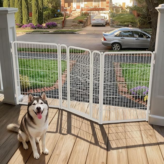 FXW Dog Gate Extra Wide Designed for Indoor Use, Adjustable Width Up to 83-inch Wide (40" H 3 Wire Panels for Medium and Large Dogs), White