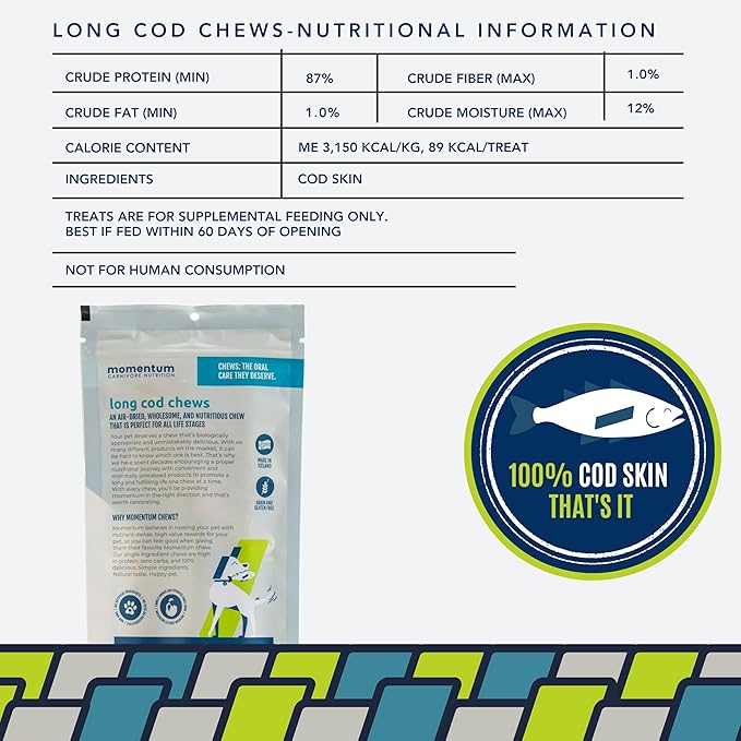 Momentum Carnivore Nutrition Long Cod Dog Chews – Single Ingredient Icelandic Cod Skin Treats – Natural Dental Support, High-Protein Fish Chews - 4.2 oz Bag