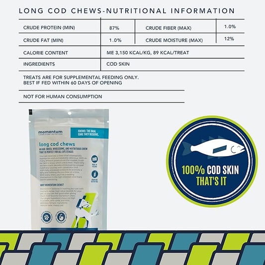 Momentum Carnivore Nutrition Long Cod Dog Chews – Single Ingredient Icelandic Cod Skin Treats – Natural Dental Support, High-Protein Fish Chews - 4.2 oz Bag