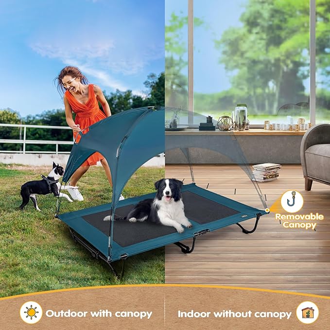 47 Inch Elevated Cooling Large Dog Bed with Removable Canopy, Raised Beds for Large Dogs with Washable Breathable Mesh, Dog Cot for Big Dogs, Indoor/Outdoor Pet Cot with Canopy