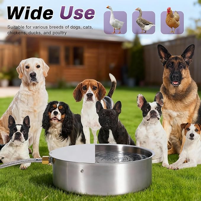 6L Automatic Dog Water Bowl Dispenser Outdoor Stainless Steel Pet Waterer Self Filling Waterer for Large Dog Cat Chicken Duck Goat