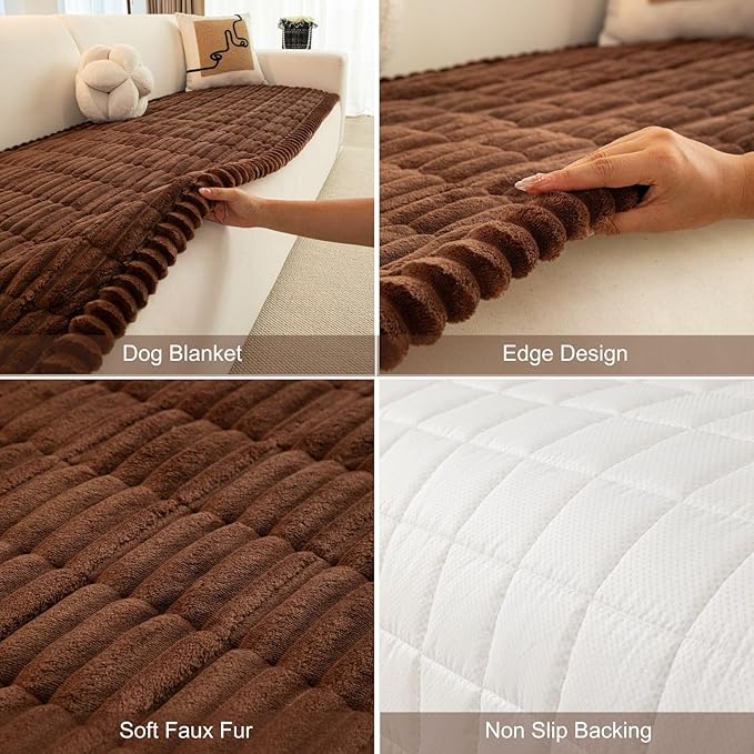 Faux Fur Plush Dog Couch Cover, 3D Stripe Fuzzy Sofa Covers, Non-Slip Fluffy Dog Bed Cover Pet Blanket, Washable Furniture Protector for Puppy Cat (Dark Coffee,28"x82")