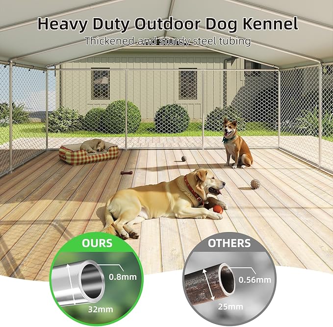 15.3x15.3 FT Outdoor Dog Kennel Outside with Metal Large Dog Cage, Outdoor Dog Pens with Roof, Heavy Duty Dog Kennel for Backyard Farm Use(183.1x183.1x83.1IN)