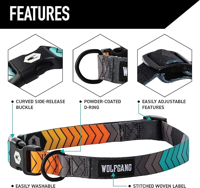 Wolfgang Heavy Duty, Adjustable Dog Collar with Quick Release Nylon Buckle for Walking & Training, ChevTech Print, Medium