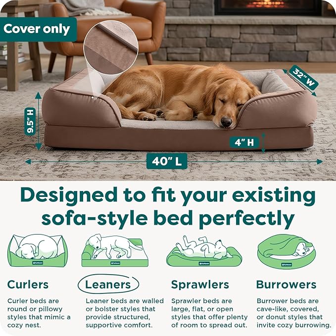 FurHaven Dog Bed Cover Replacement, Sofa-Style Design with Soft, Breathable Fabric for Cozy Comfort, Machine Washable, Jumbo/XL, Plush & Velvet Waves, Brownstone