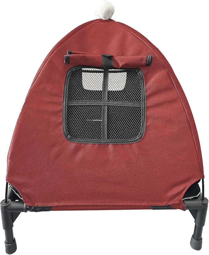Love&go Elevated Dog Bed with Metal Frame, Cooling Raised Pet Cot for Dog and Cat (S - Red Bed+Mat+Canopy, Small-18.5x18.5x5.5 inch)
