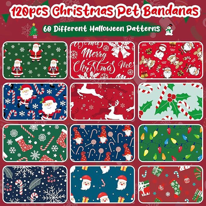 Amylove 120 Pcs Christmas Dog Bandanas Bulk Thanksgiving Day Holiday Triangle Dog Pack Puppy Kerchief Bandana Adjustable Pet Scarf for Pet Cat Costume Accessories Decor(Snowman)