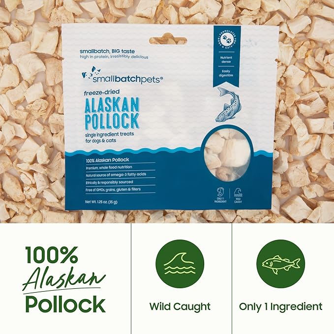smallbatch Pets Freeze Dried Cat & Dog Treats, 1.25oz - Alaskan Pollock, Organic High Protein Treats, Omega 3 Fatty Acids, Gluten Free, Grain Free, Made in The USA, Ethically Sourced, Single Protein