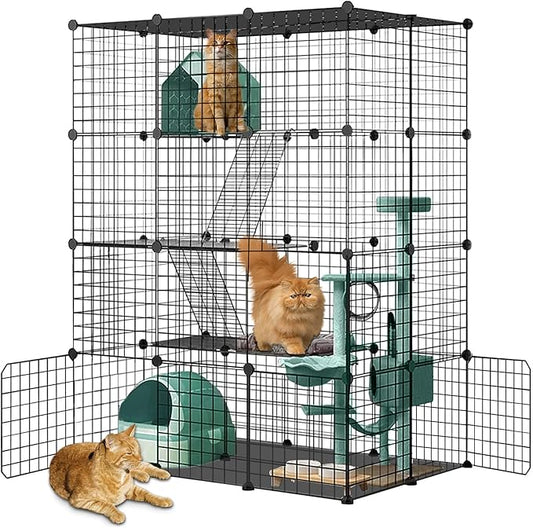 Large Cat Cage Enclosure Indoor DIY Cat Playpen Pet Home Small Animal House Detachable Metal Wire Kennels Crate Large Exercise Place Ideal for 1-3 Cat (Black, 41.3" Lx28 Wx55 H, 1)