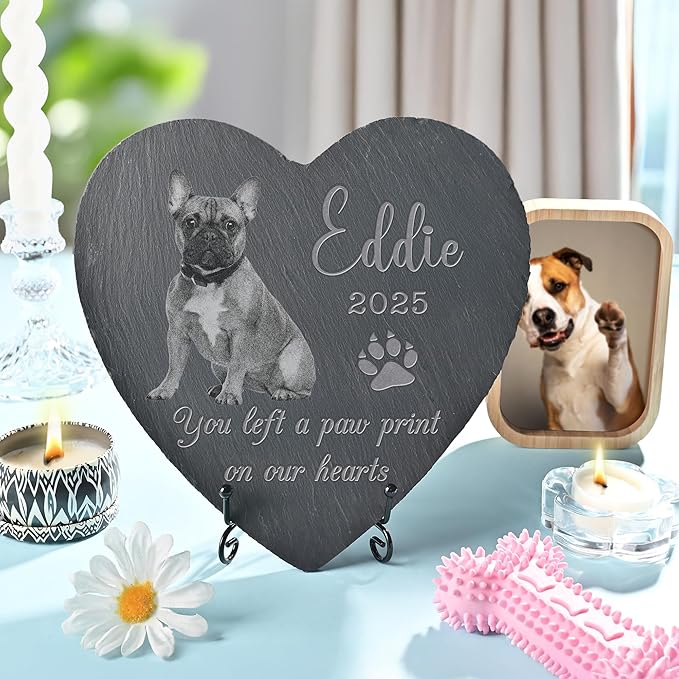 Pet Memorial Stone with Photo, Dog Memorial Gifts for Loss of Dog, Personalized Pet Memorial Gifts, Pet Loss Gift - Paw Print（Heart）