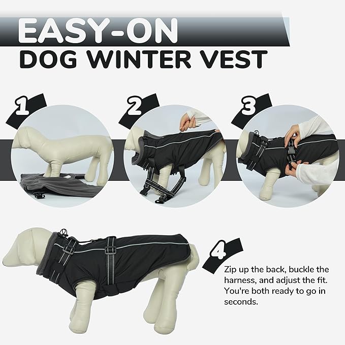PUMYPOREITY Winter Fleece Coat for Small Dogs, Reflective Dog Jacket with Harness Built in, Waterproof Warm Coat for Dogs, Cold Weather Coats for Outdoor, Therma Windproof Pet Snowsuit, Black,XS