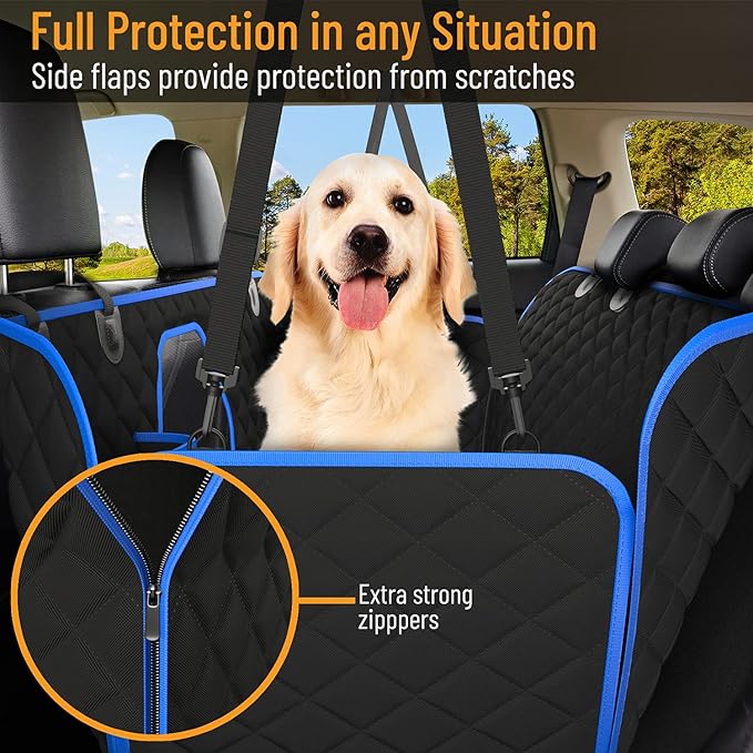 Active Pets Dog Car Seat Cover Car Seat Protector- Dog Seat Cover for Back Seat of SUVs, Trucks, Cars - Waterproof & Convertible Vehicle Hammock for Car Backseat - Mesh Window- Blue, XL