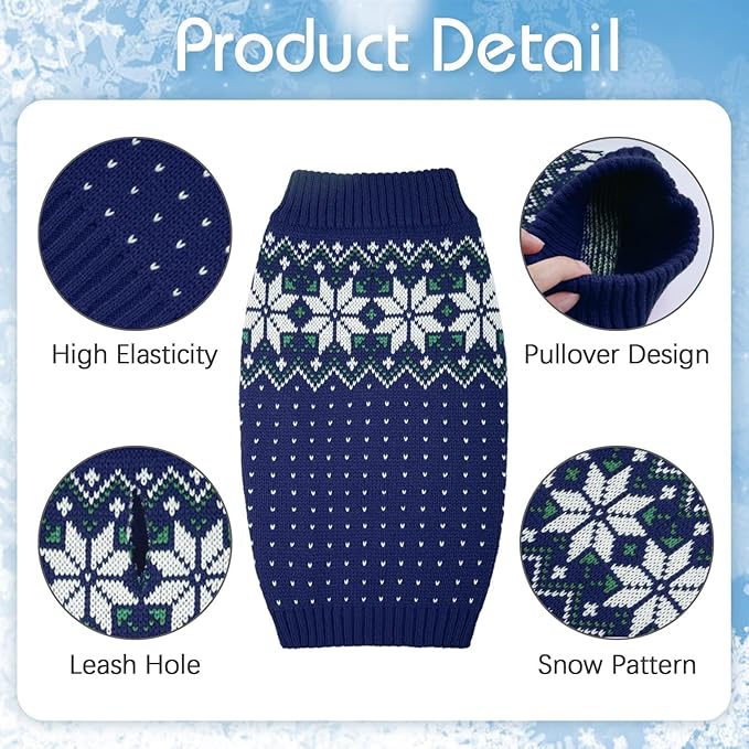 Kuoser Dog Christmas Sweater, Soft Warm Xmas Sweaters for Small Medium Large Dogs Boy Girl, Comfortable Dog Sweater with Leash Hole Snowflake Puppy Knit Outfit for Holiday Winter Fall, Blue L