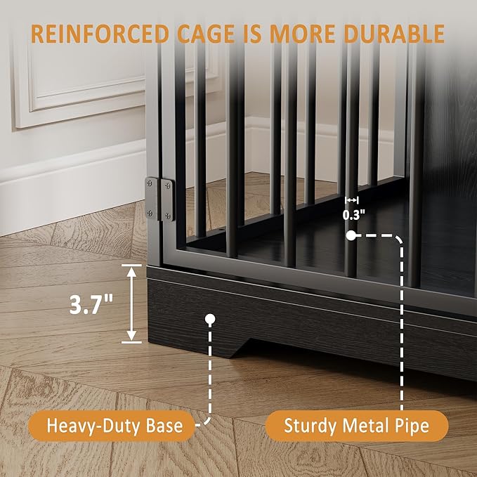 48'' Dog Crate Furniture, Farmhouse Heavy Duty Dog Kennel with Bowl & Storage Drawers, Medium Dog Cage End Table for Small Medium Dogs, Black