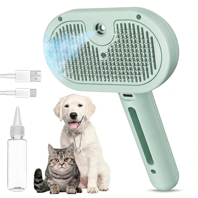3-in-1 Anti-Static Pet Steam Brush for Dogs & Cats - Steam Clean, Calming Massage & Self-Cleaning Hair Ejection, Quick Heat-Up, USB-C Rechargeable, Low-Noise Deshedding & Dematting - Green