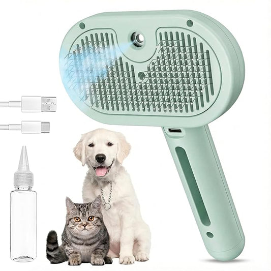 3-in-1 Anti-Static Pet Steam Brush for Dogs & Cats - Steam Clean, Calming Massage & Self-Cleaning Hair Ejection, Quick Heat-Up, USB-C Rechargeable, Low-Noise Deshedding & Dematting - Green