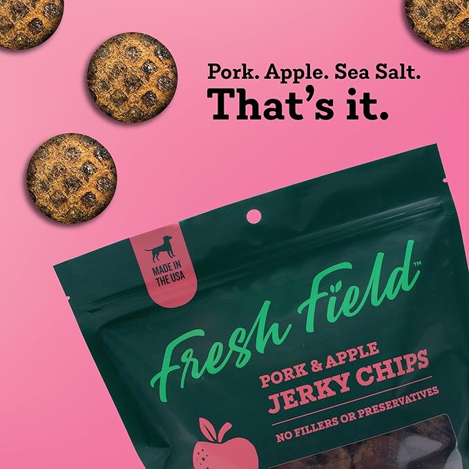 Fresh Field Pork & Apple Jerky Chips, 5 oz – All-Natural Dog Treats, USA Made, No Fillers, Supports Digestion & Nerves (Pack of 2)