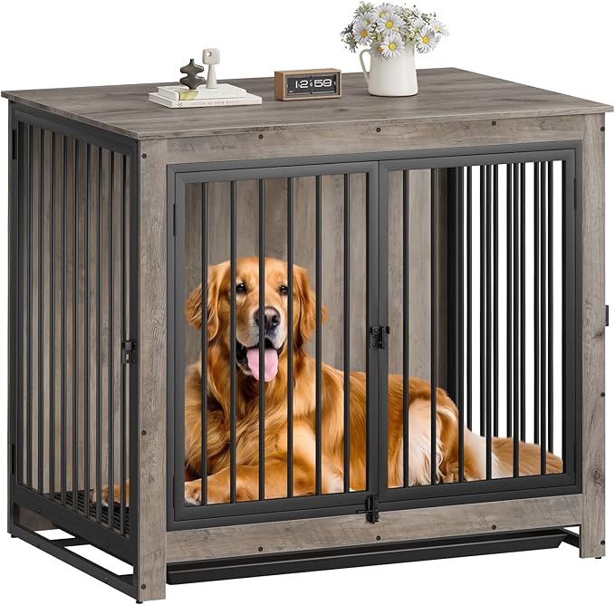 Dog Crate Furniture, 42 InchI ndoor Large Dog Kennel for Medium to Large Dogs Up to 70 LBS, Heavy Duty Wooden Pet Cage End Table with 3 Doors, Alloy Steel Frame & Removable Tray