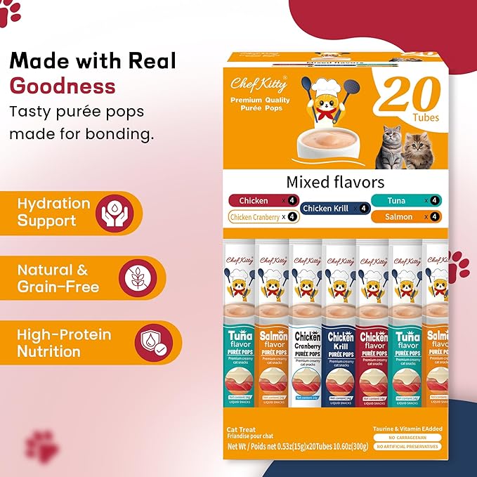 Chef Kitty Purée Pops, Cat Treats, Grain-Free, Lickable, Squeezable Creamy Cat Treat/Topper with Vitamin E & Taurine, 0.5 Ounces Each Tube, 20 Tubes, Chicken and Seafood Mix Variety