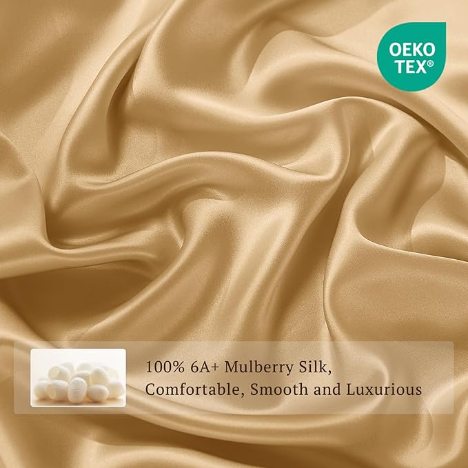 THXSILK Silk Sheet Set 4Pcs, 6A+ Top Grade 100% Natural Mulberry Silk Bed Sheets, Luxury Bedding Sets Ultra Soft Durable, 1 Fitted Sheet, 1 Flat Sheet and 2 Pillow Shams (King, Metallic Gold)