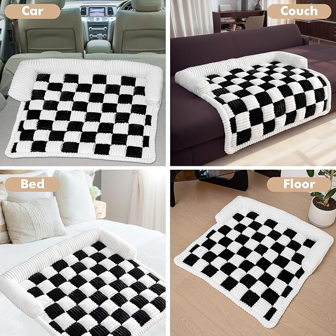 LiveGo Fuzzy Pet Couch Covers for Sofa, Dog Couch Cover Fuzzy Sofa Cover Cream Square Plaid Dog Bed Plush Dog Mat for Furniture Protector for Large Medium Dogs and Cats (Black, 29.5"*29.5")