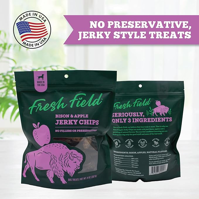 Fresh Field Bison & Apple Jerky Chips, 14 oz – All-Natural Dog Treats, USA Made, Ideal for Picky or Allergy-Prone Pets (Pack of 2)