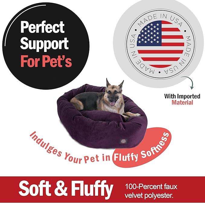 Majestic Pet 52 Inch Micro Velvet Calming Dog Bed Washable – Cozy Soft Round Dog Bed with Spine for Head Support - Fluffy Donut Puppy Mat 52x35x11 (inch) X- Large – Aubergine