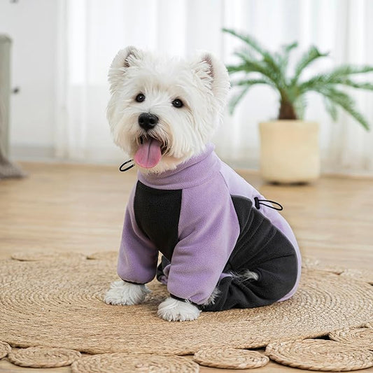 Fleece Dog Coat for Small Medium Dog,Pullover Pajamas Jumpsuit Bodysuit Puppy Coats with Legs, Pet Windproof Warm Cold Weather Jacket Full Body Vest Cozy Snowsuit Outfit Clothes (Purple, S)
