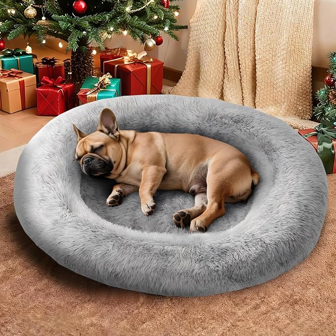 Medium Sized Orthopedic Dog Beds, Donut Calming Pet Beds with Comfort Foam Support, Fluffy Non-Slip Couch for Dog and Cat, with Washable and Indestructible Cover, 32 Inches, Light Grey