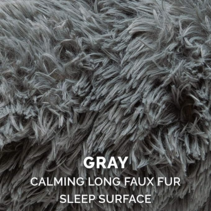 Furhaven 36" Round Calming Donut Dog Bed for Large/Medium Dogs, Refillable w/ Removable Washable Cover, For Dogs Up to 75 lbs - Shaggy Plush Long Faux Fur Donut Bed - Gray, Large